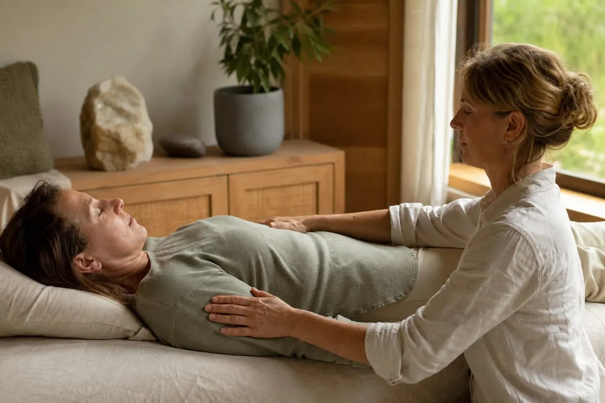 Professionele Reiki-behandeling bij een geklede cliënt in een rustige ruimte
