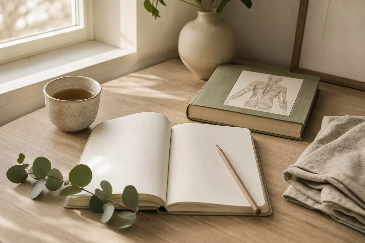 Notitieboek en thee op een lichte houten tafel