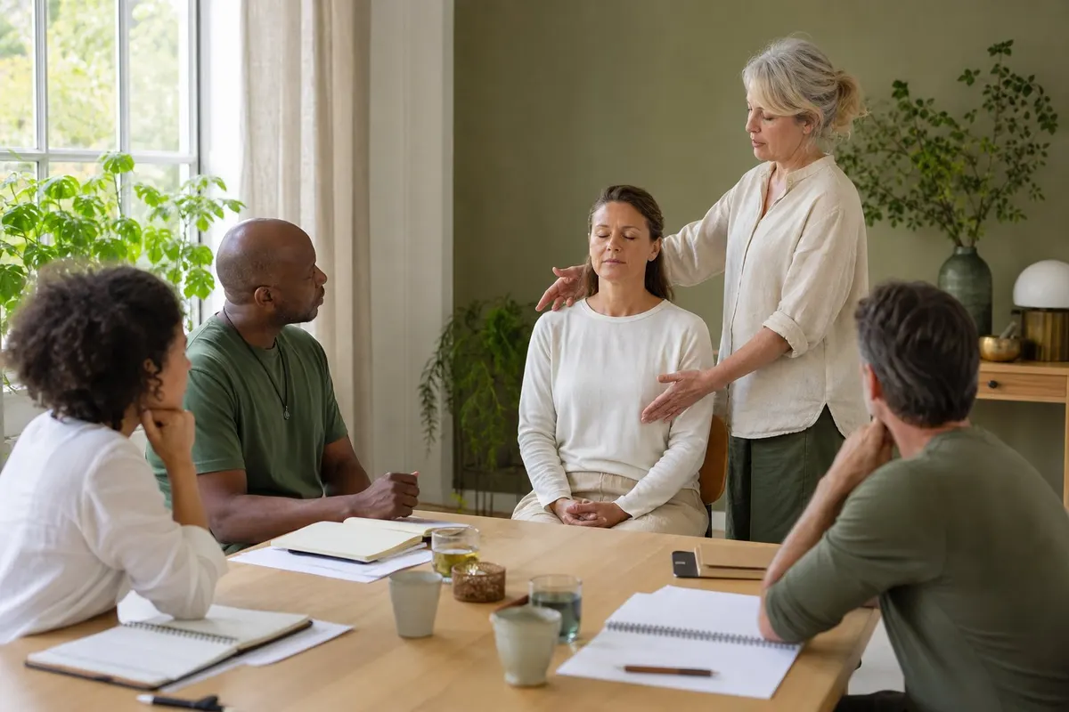 Een kleine groep volwassenen volgt een rustige Reiki-workshop met notitieboeken
