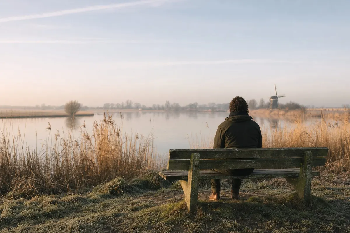 Iemand zit rustig op een bank aan het water in een Nederlands polderlandschap